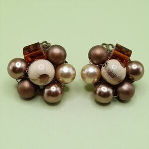 Vintage Japan Brown Faux Pearl Art Glass Clip Earrings, 1950s, 1 Inch